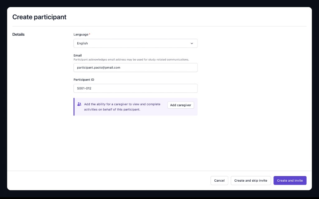 Create participant form with option to add a caregiver for site-managed invitation