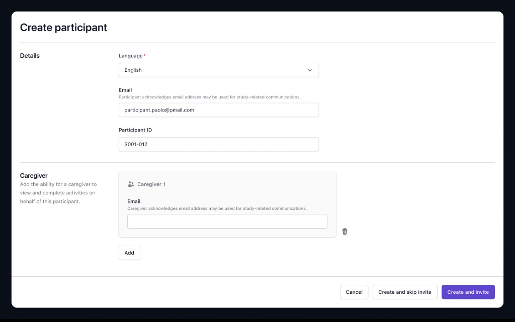 Create participant flow with caregiver email captured before invite