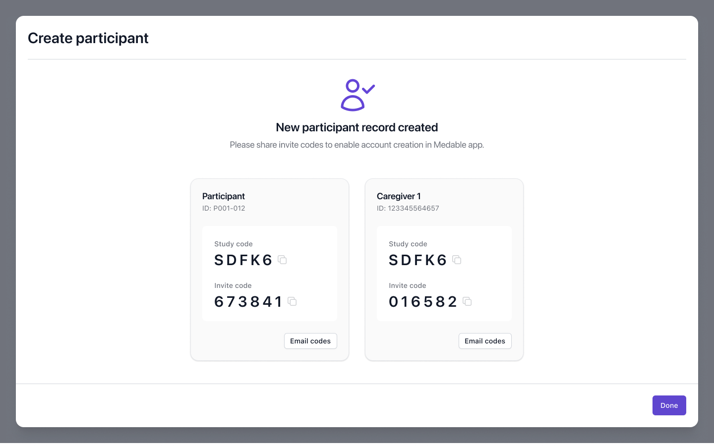 New participant record with study and invite codes for participant and caregiver