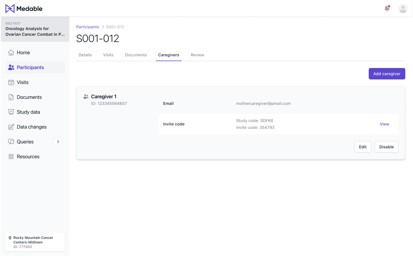 Participant record Caregivers tab with linked caregiver, invite codes, and site management actions