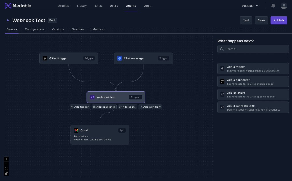 Agent Studio platform dashboard showing agent builder and monitoring views