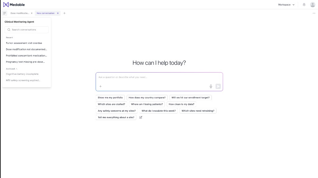 Clinical Monitoring Agent chat interface with conversation history and monitoring prompt suggestions