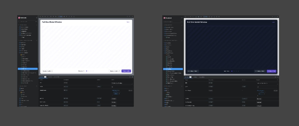 Side-by-side comparison of Nucleus components in light mode and dark mode