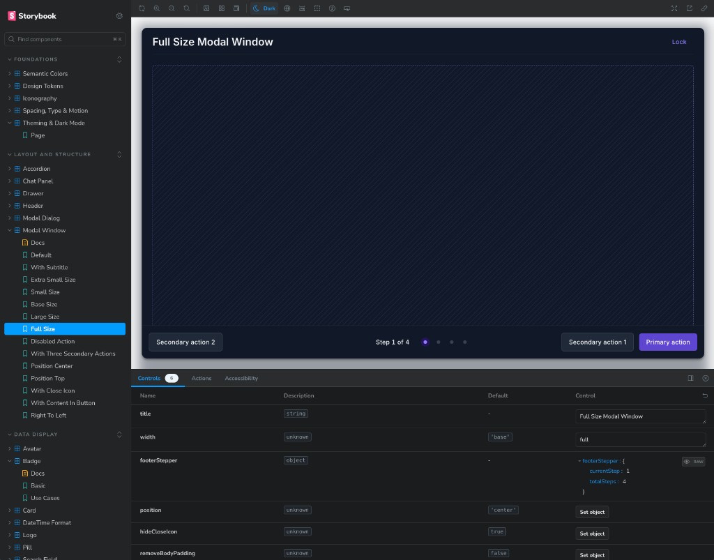 Nucleus design system component library in Storybook showing clinical trial UI patterns