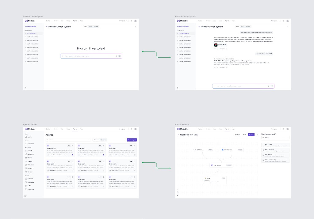 Medable platform in light mode showing chat, agents library, and workflow canvas views