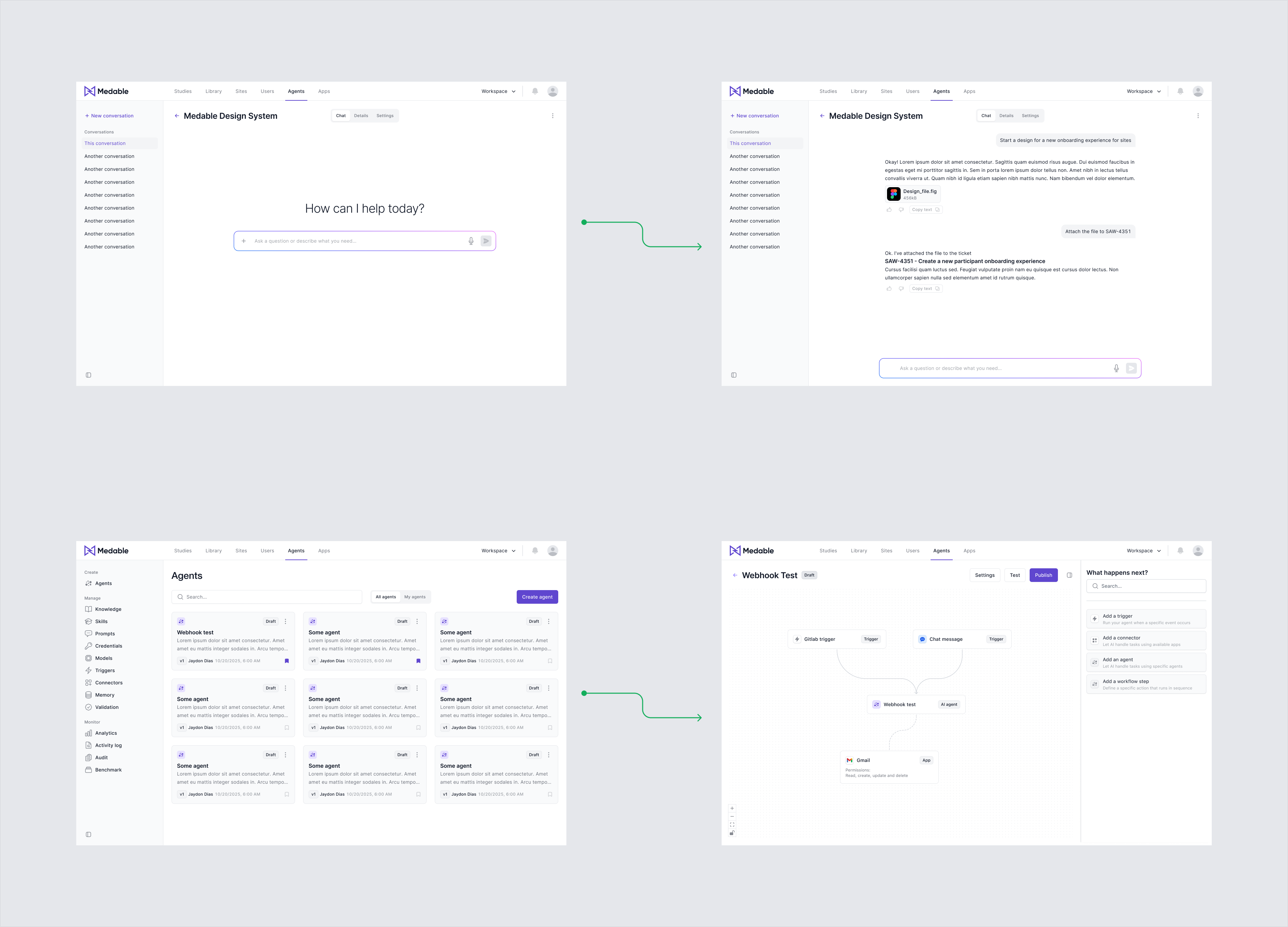 Medable platform in light mode showing chat, agents library, and workflow canvas views
