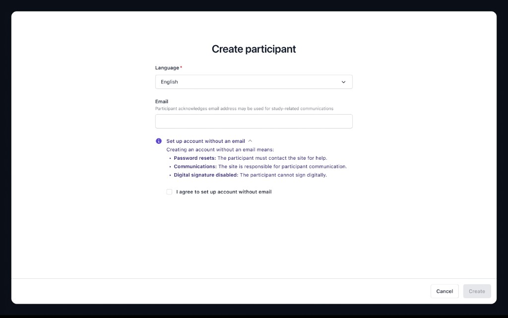 Create participant form with email registration and set up account without email consent options