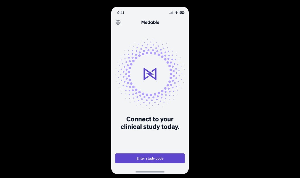Unified Medable patient app welcome screen with Enter study code