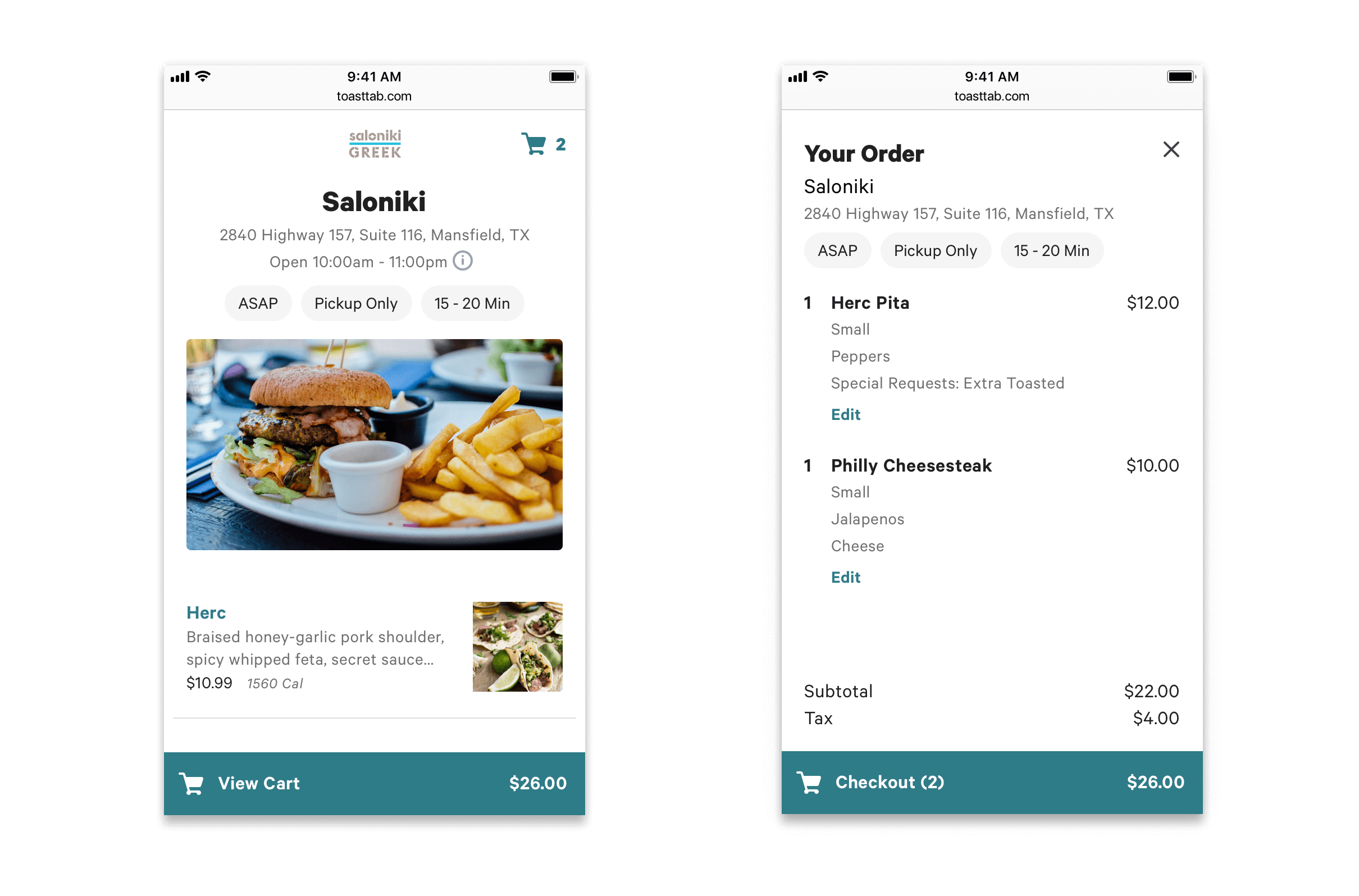 Redesigned Toast Online Ordering cart experience