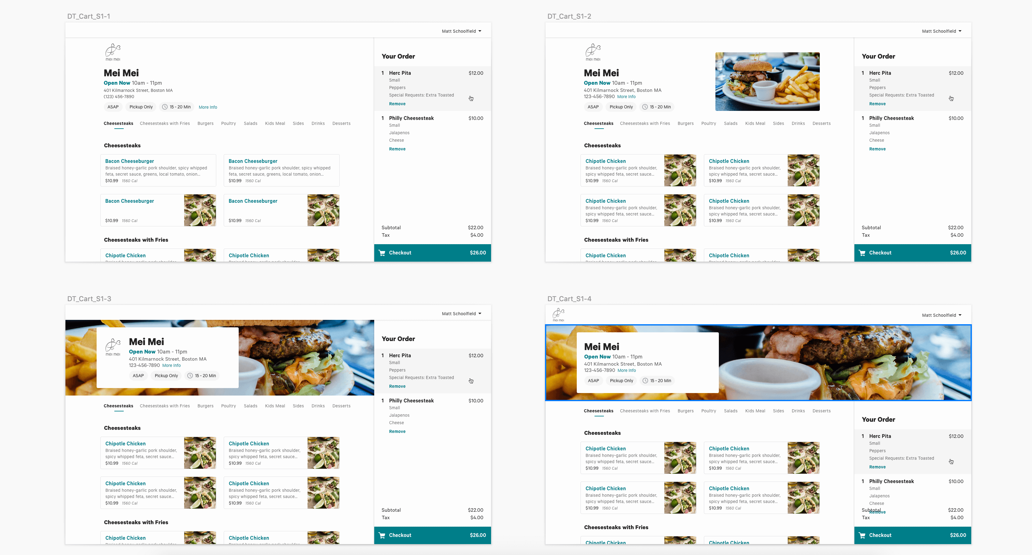 Desktop layout explorations for Toast Online Ordering restaurant page