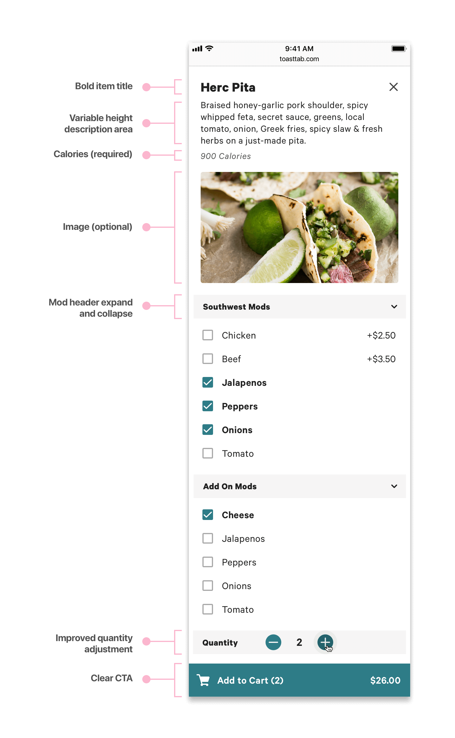 Redesigned modifier screen with photo, header, and mobile-first selectors