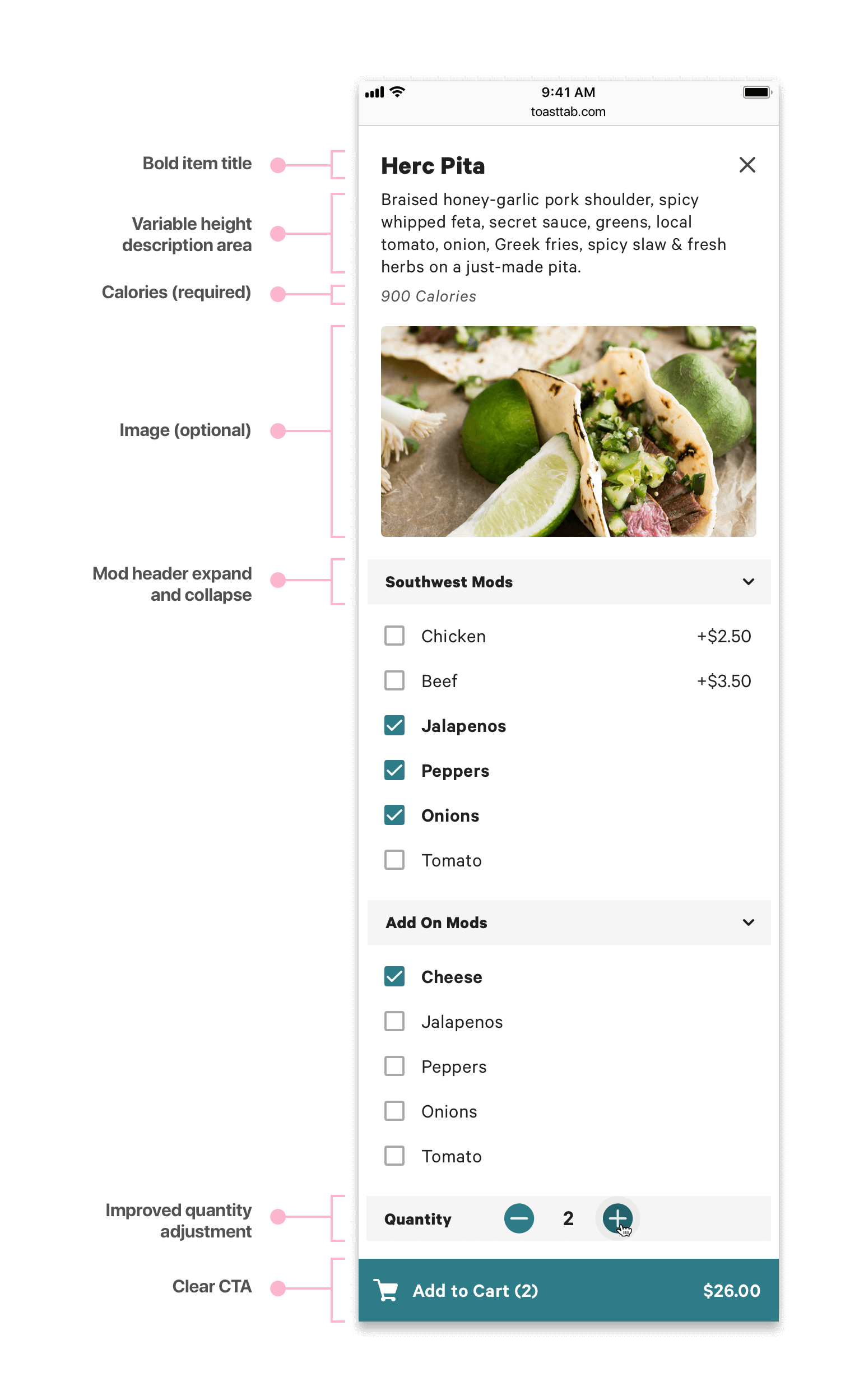 Redesigned modifier screen with photo, header, and mobile-first selectors