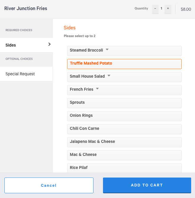 Legacy Toast Online Ordering modifier screen with two-column layout