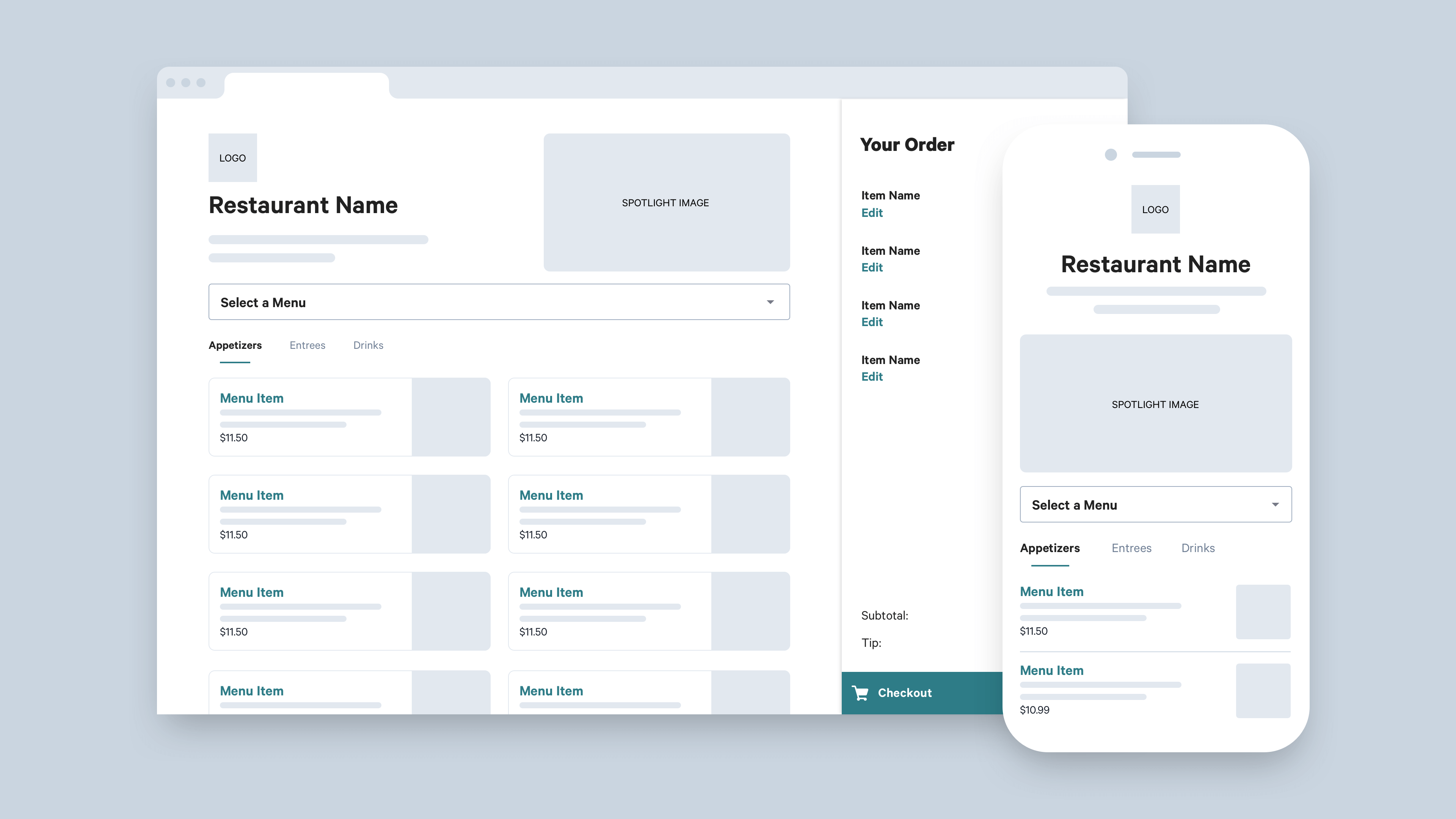 Wireframes for Toast Online Ordering restaurant landing page